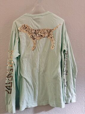 VS PINK Sequin Dog Long Sleeve Tee in Mint